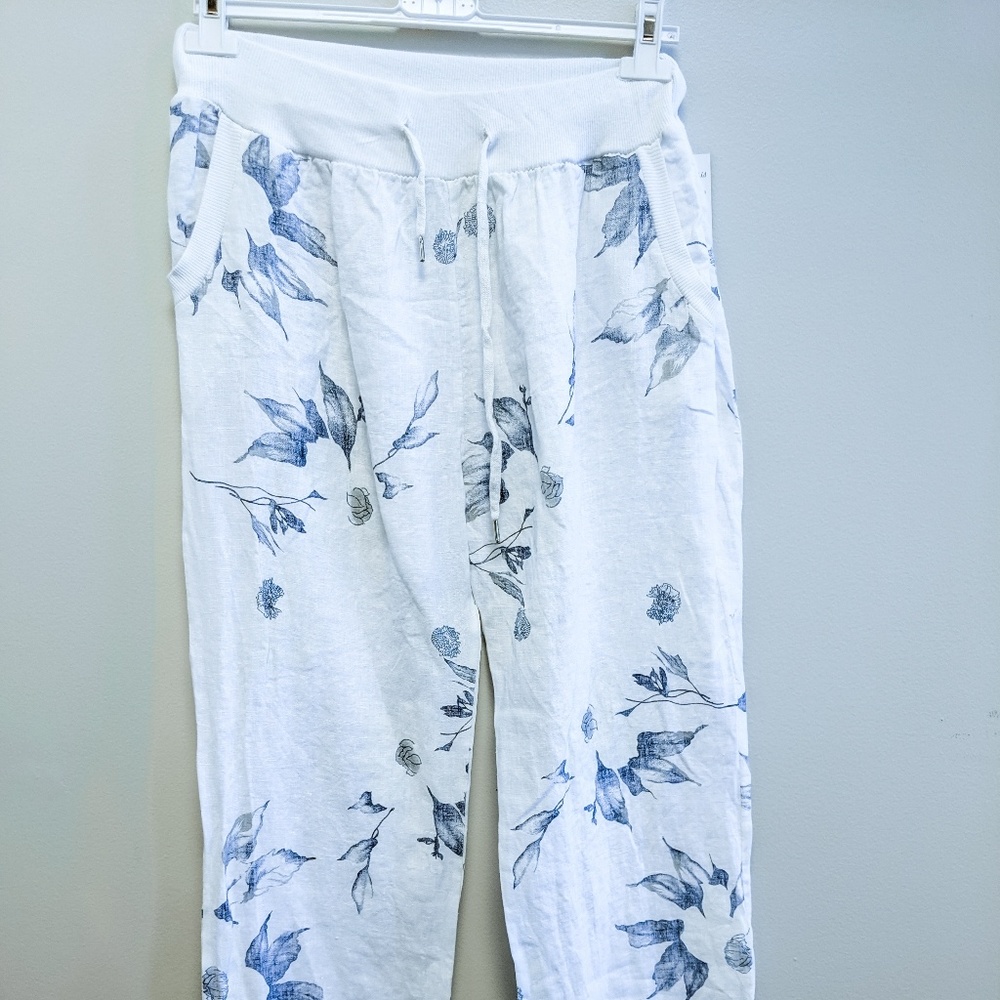Linen Pants White Floral Print